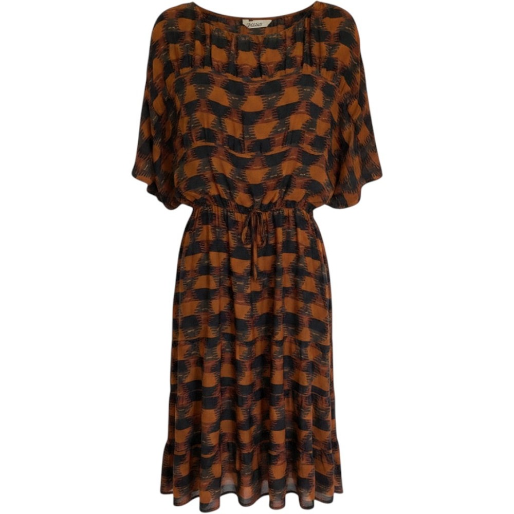 Tucker 100% Silk Midi Dress Orange Black Abstract Ikat Print Batwing Sleeve S